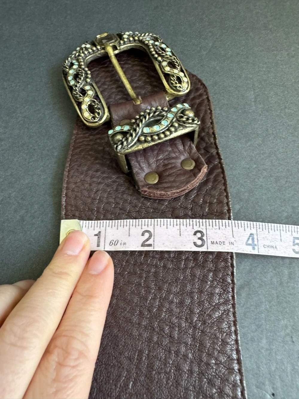 Leatherock Brown Leather Belt Rhinestone Ornate Turquoise Buckle Cowgirl‎ Large